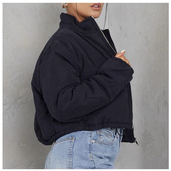 Pretty Little Thing Womens Cropped Puffer Jacket Peach Skin Black Size 6 - Picture 2 of 7